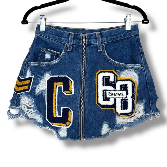 Carmar Beatrice Varsity Letter Denim Zip Front Distressed High Waist Mini Skirt - Picture 1 of 12